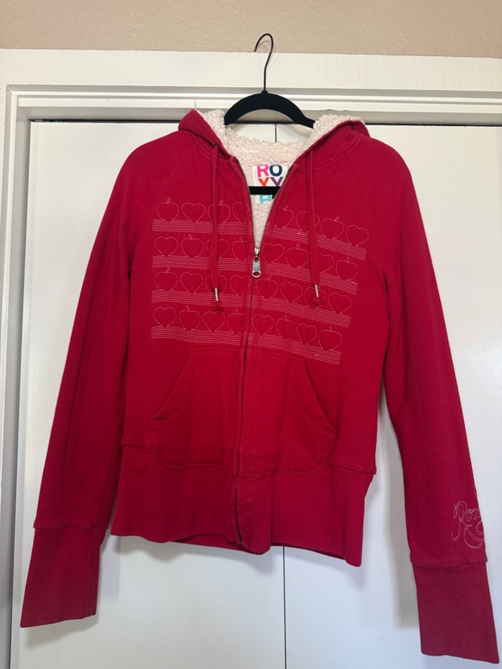 Large: ROXY Red Heart-Apple Print Zip Hoodie with Sherpa Lining